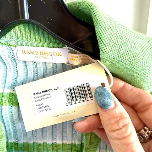 NWT Ramy Brook “Raya” Stripe Knit Button-front Sweater, in light blue and green - Picture 5 of 13